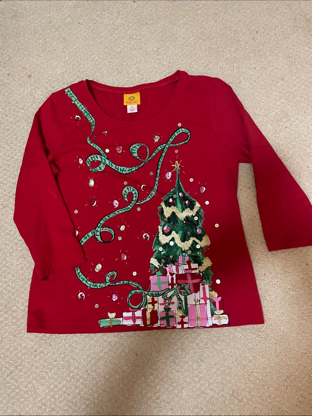 Ruby Rd. Red Long Sleeve Christmas Tree Sequin Top